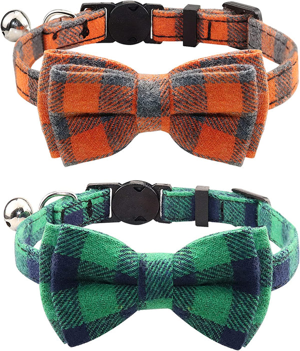 Breakaway Cat Collar with Cute Bow Tie and Bell, Plaid Patterns, 1 Pack Girl Boy Kitty Safety Collars, Blue