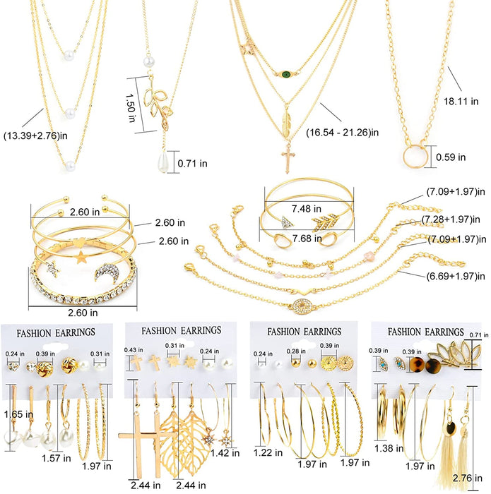 38 PCS Gold Jewelry Set with 4 PCS Necklace,10 PCS Bracelet,24 PCS Layered Ball Dangle Hoop Stud Earrings for Women Girls Jewelry Fashion and Valentine Birthday Party Gift