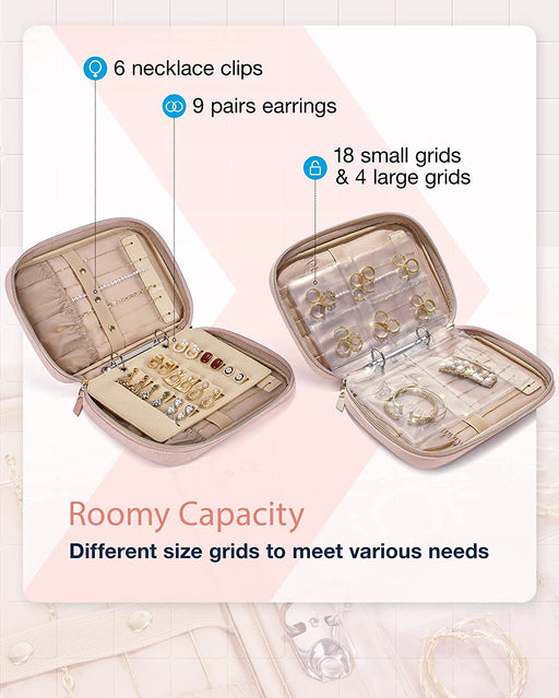Jewelry Travel Organizer Case Transparent Jewelry Storage Book Ring Binder Jewelry Bags Clear Booklet Zipper Pouch Bag for Necklaces, Earrings, Rings, Bracelets, Pink