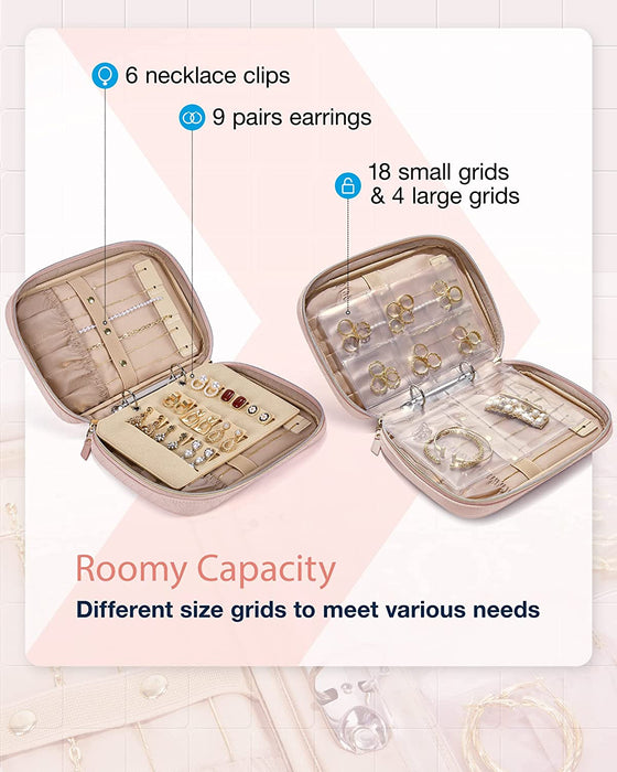Jewelry Travel Organizer Case Transparent Jewelry Storage Book Ring Binder Jewelry Bags Clear Booklet Zipper Pouch Bag for Necklaces, Earrings, Rings, Bracelets, Pink