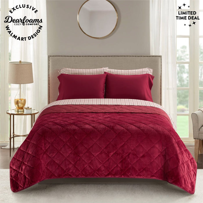 Dearfoams Burgundy Velvet Plush 7 Piece Quilt Bedding Set with Flannel Sheets, Full