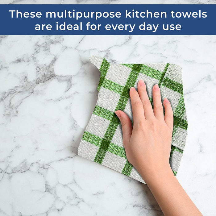 Set of 24 Kitchen Towels Dish Cloths Soft Green Checkered Pattern 100% Cotton 12X12"