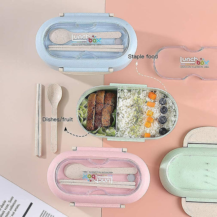 Bento Box, Natural Wheat Safety 1000 ML Lunch Box Leakproof Food Storage Container with Fork Chopsticks, Spoon for Kids Adults, Microwavable, Dishwasher Safe, Pink