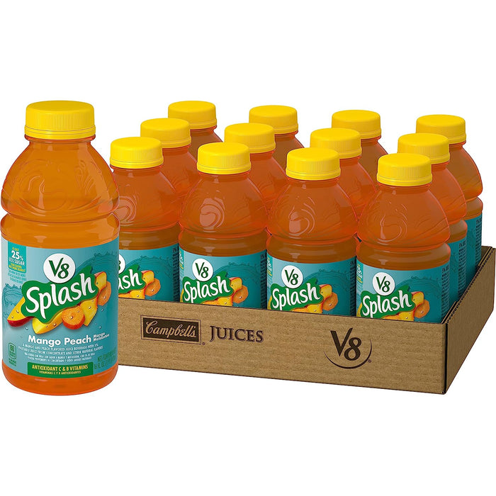 V8 Splash Mango Peach Flavored Juice Beverage, 16 FL OZ Bottle (Pack of 12)