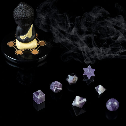Amethyst 7 Pcs Platonic Sacred Stones Geometry Set for Chakra Stone Balancing Reiki Healing Spiritual Good Luck Home Office Decor Size: 15-20 Mm