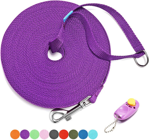 BAAPET 15 Ft 20 Ft 30 Ft 50 Ft 100 Ft Long Dog Training Leash for Dog Training, Play, Camping, or Backyard Lead with Training Clickers for Small, Medium and Large Dogs or Cats (30 Feet, Purple)