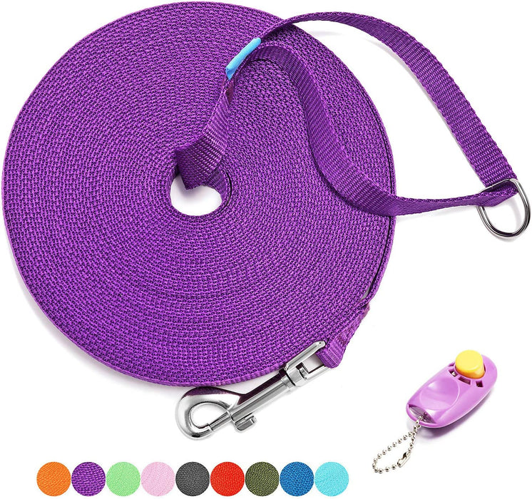 BAAPET 15 Ft 20 Ft 30 Ft 50 Ft 100 Ft Long Dog Training Leash for Dog Training, Play, Camping, or Backyard Lead with Training Clickers for Small, Medium and Large Dogs or Cats (30 Feet, Purple)