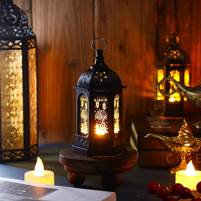Mini Ramadan Candle Mubarak Lantern LED Eid Mubarak Lantern Moon Star Lights Moroccan Style Hanging Lantern for Home Patio Table Wedding Centerpiece Festival Decor (Black, 6 Pieces)
