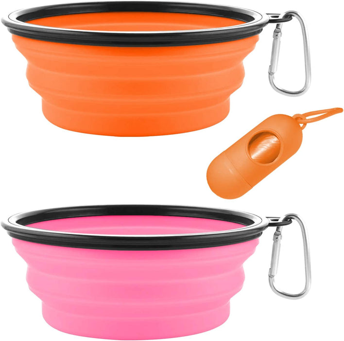 Collapsible Dog Bowls, Portable Travel Dog Bowls, Expandable for Cat Dog Water Bowls Food Feeding, 2 Pack Silicone Pet Bowls with Waste Bag Dispenser