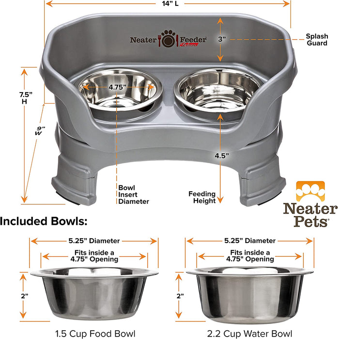 Neater Feeder Deluxe with Leg Extensions for Small Dogs - Mess Proof Pet Feeder with Stainless Steel Food & Water Bowls - Drip Proof, Non-Tip, and Non-Slip - Gunmetal Grey