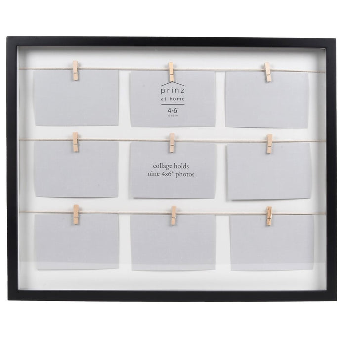 Prinz 9 Opening Clothespin Black Wood Collage Picture Frame for 4" X 6" Photos