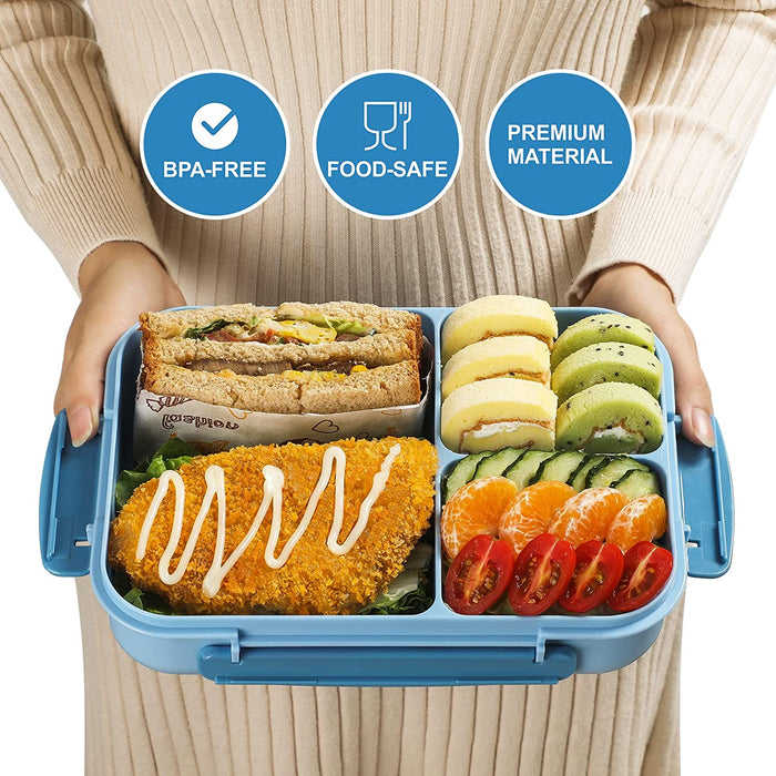 Bento Box for Adults, 1700ML Lunch Bento Box for Kids Childrens with Spoon&Fork&Knife&Water Bottle - Bpa-Free,Leak-Proof for On-The-Go Meal,Lunch Containers Microwave/Dishwasher Safe (Blue)