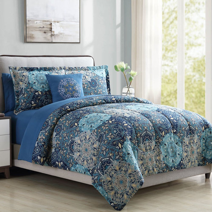 Modern Threads 8 Piece Reversible Bed in a Bag, Deep Blue Damask, Granada, Queen