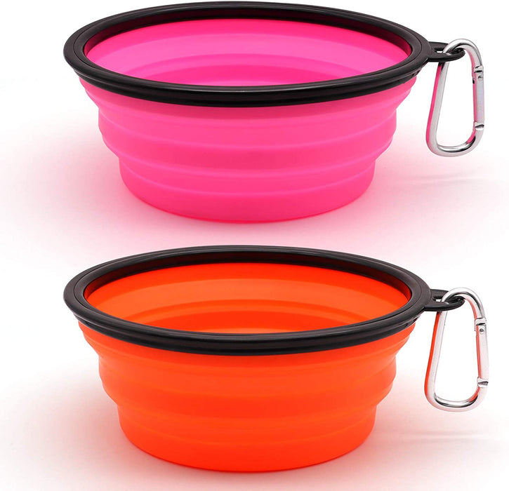 Collapsible Dog Bowl, 2 Pack Collapsible Dog Water Bowls for Cats Dogs, Portable Pet Feeding Watering Dish for Walking Parking Traveling with 2 Carabiners (Small, Orange+Pink)
