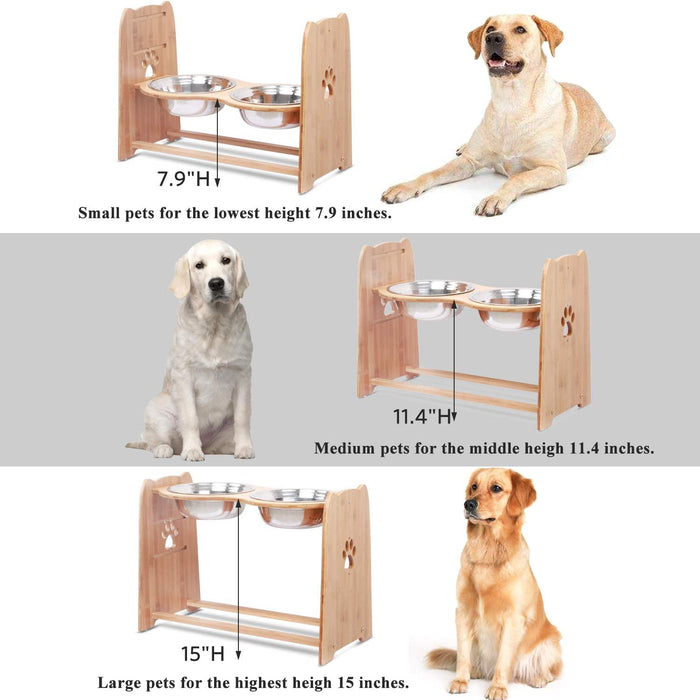 Raised Pet Bowls for Cats and Dogs, Adjustable Bamboo Elevated Dog Cat Food and Water Bowls Stand Feeder with 2 Stainless Steel Bowls and anti Slip Feet (Height 7.9" to 11.4" to 15")