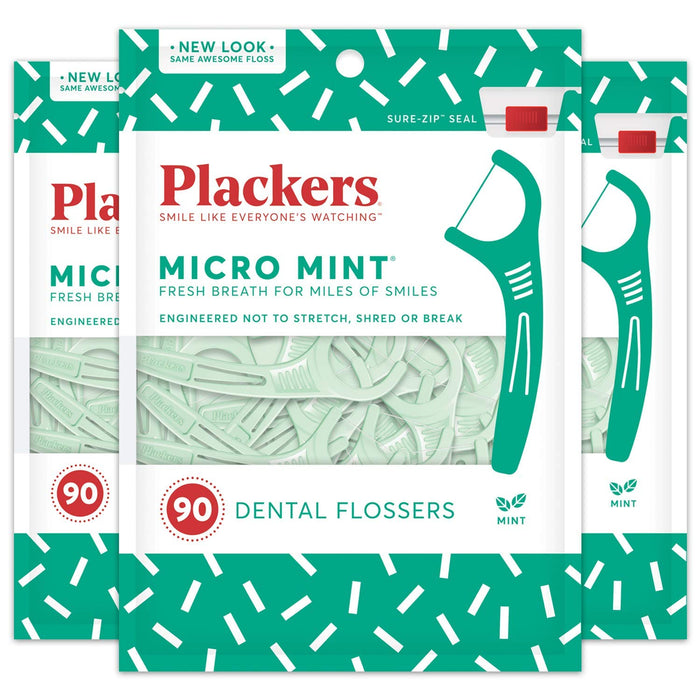 Plackers Micro Mint Dental Flossers, Fresh Mint Flavor, Fold-Out Toothpick, Super Tuffloss, Easy Storage with Sure-Zip Seal, 300 Count