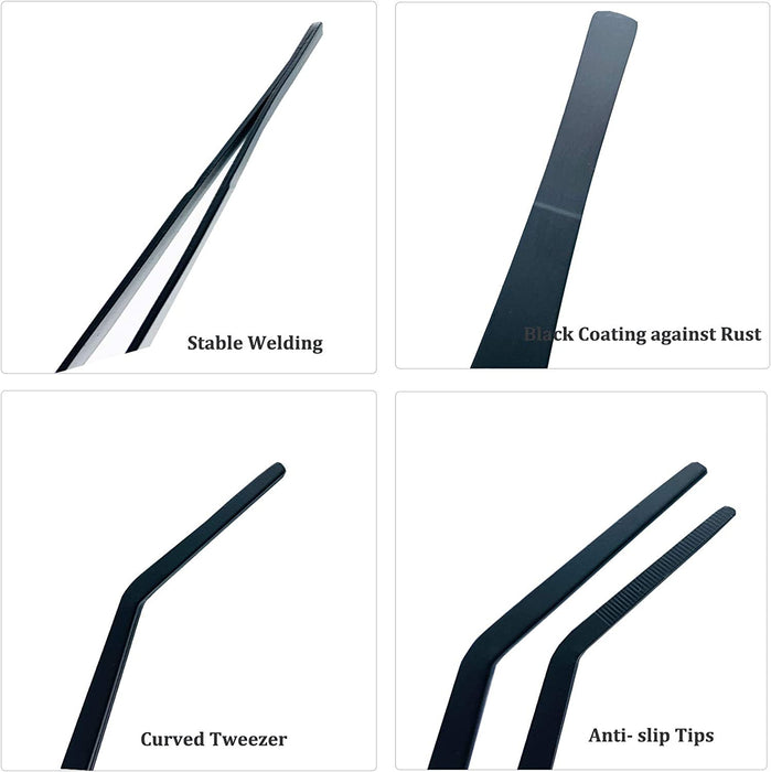 FRUTA Aquarium Tweezers Stainless Steel Curved Tweezer with Carbonation Protection Coating against Rust Long Reptiles Feeding Tongs for Aquatic Plants Spider Snakes Lizards, 15 Inch - Black Curved