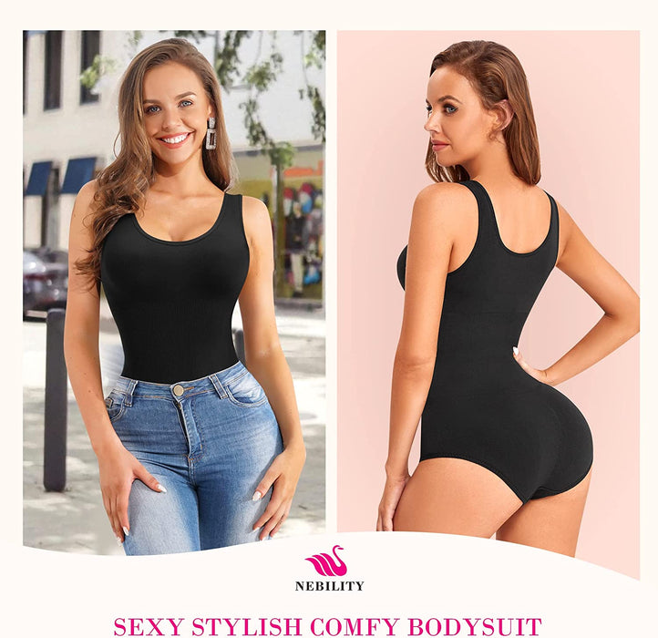 Nebility Women Waist Trainer Bodysuit Slim Full Body Shapewear Seamless round Neck Jumpsuits Tummy Control Tops