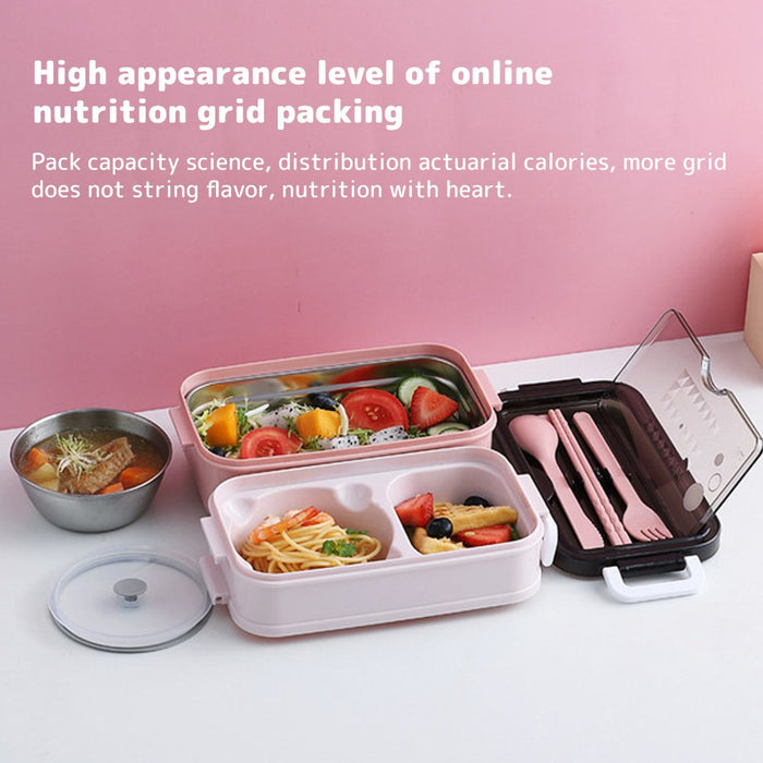 Lunch Box 2-Layer 3-Compartment Bento Box Cutlery Set Portable Leak Proof Food Container Storage Box with Fork Spoon Chopsticks For