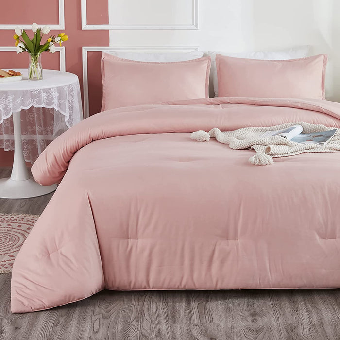 Pink Comforter Set Full Size for Girls, 3 Pieces Blush Women Plain Bedding Set & Collections, All Season Bed Set (79X90In Comforter & 2 Pillowcases)