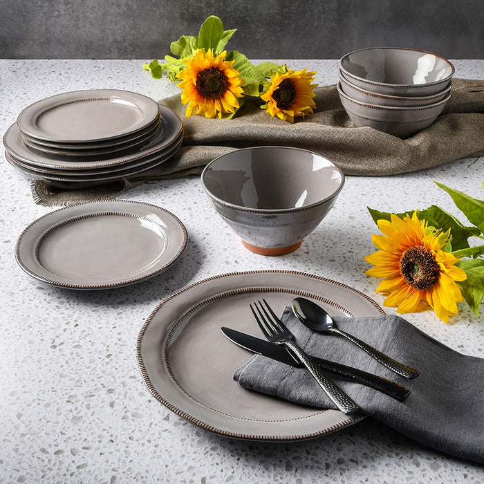Gibson Elite Terranea round Reactive Glaze Terra Cotta Dinnerware Set, Service for Four (12Pcs), Grey