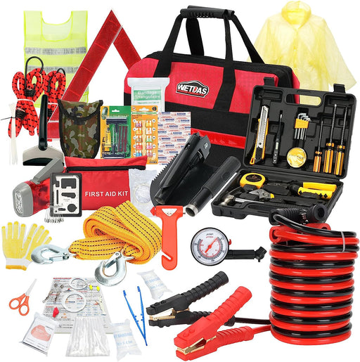 Car Roadside Emergency Kit with Jumper Cables, Auto Road Side Safety Kit for Vehicles - with Premium Carry Bag, Repair Tool Set, Folding Shovel, First Aid Kit, for Men, Women, Teenagers