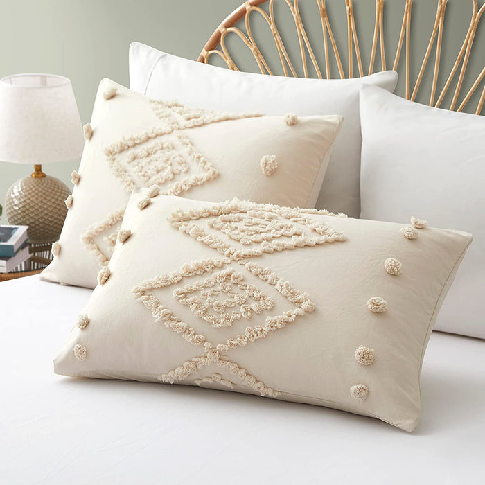 Oli Anderson Duvet Cover Queen Size, 3 Pieces Boho Tufted Bedding Set for All Seasons, Soft and Embroidery Shabby Chic Duvet Covers Set with Zipper Closure (Beige, Queen, 90’’ X 90’’)