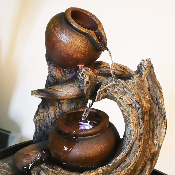 Tabletop Water Fountain Indoor - Tree Trunk with Jar Rustic Fountains Small Feng Shui Zen Waterfall Fountain W/ LED Light & Soothing Sounds for Office Home Desktop Decor (Brown)