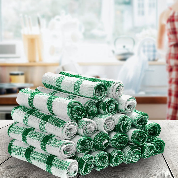 Set of 24 Kitchen Towels Dish Cloths Soft Green Checkered Pattern 100% Cotton 12X12"
