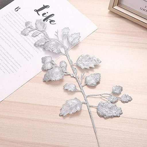 12PCS Christmas Glitter Leaves Picks Artificial Plant Leaves with Stem Xmas Tree Hanging Branches Christmas Tree Ornaments for DIY Wreath Crafts Holiday Home Decor