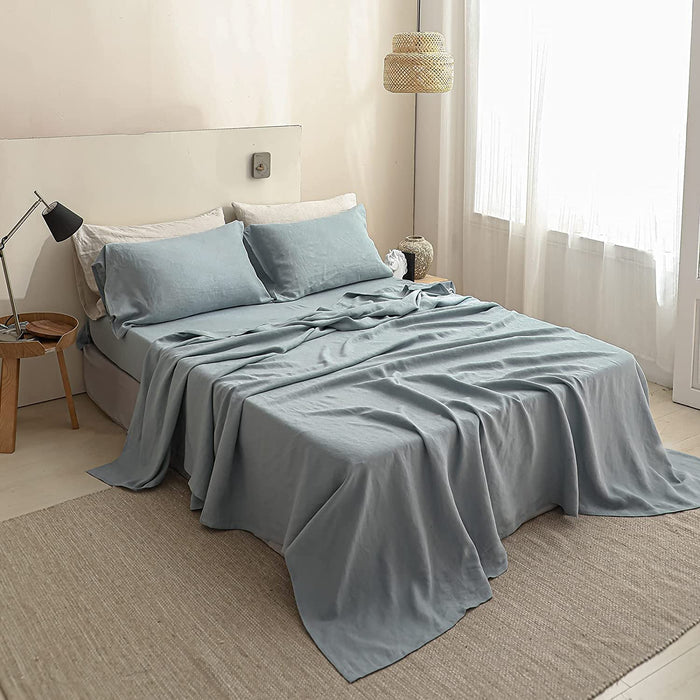 Simple&Opulence 100% Linen Sheet Set Solid Color-4 Pcs Washed French Linen Bed Sheets(1 Flat Sheet,1 Fitted Sheet,2 Pillowcases)-Breathable Bedding Set (Dusty Blue, Queen)