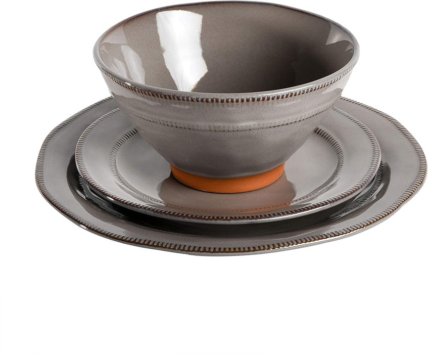 Gibson Elite Terranea round Reactive Glaze Terra Cotta Dinnerware Set, Service for Four (12Pcs), Grey
