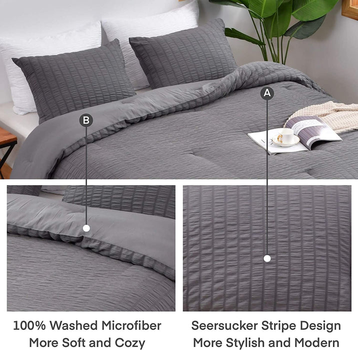 Seersucker Queen Comforter Set (90X90 Inches), 3 Pieces- 100% Soft Washed Microfiber Lightweight Comforter with 2 Pillowcases, All Season down Alternative Comforter Set for Bedding, Grey
