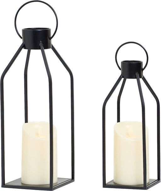 HPC Decor Modern Farmhouse Lantern Decor- Black Metal Candle Lanterns Set of 2- Lanterns Decorative W/ Flickering LED Candles for Home Decor, Indoor,Outdoor,Tabletop, Fireplace Mantle Decor(No Glass)