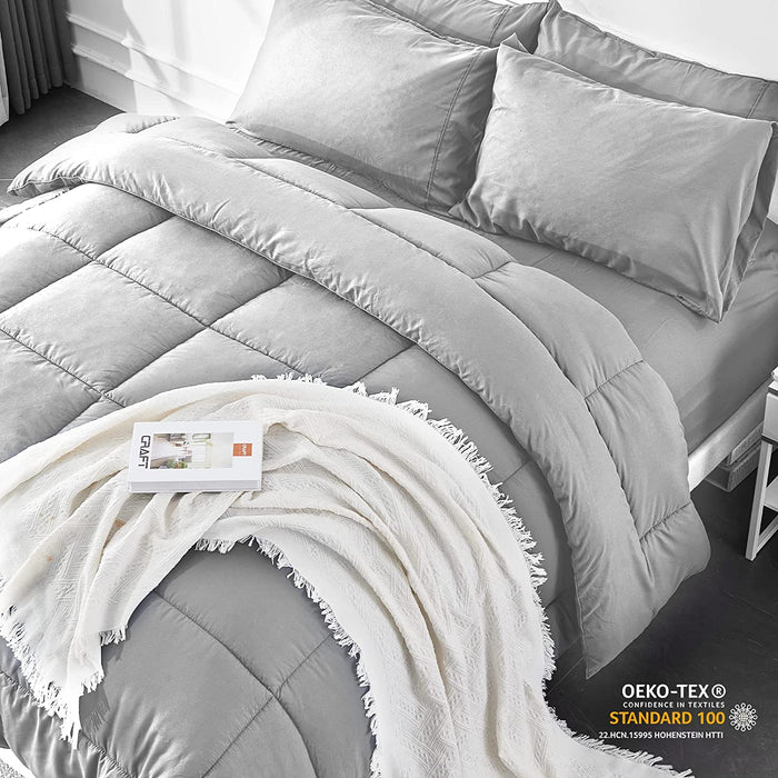Full Size 7 Pieces Bed in a Bag Bedding Set - Lightweight Light Grey Comforter Set, All Season Ultra Soft down Alternative Bedding Comforter Set with Comforter, Pillowcase, Flat Sheet, Fitted Sheet