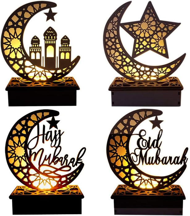 Eid Crafts Night Light Ramadan Mubarak Lamp Decorations Wooden Moon Star LED Lights Home Party Bedroom Ornaments Gift for Muslims Islamic Table Decor (C1)