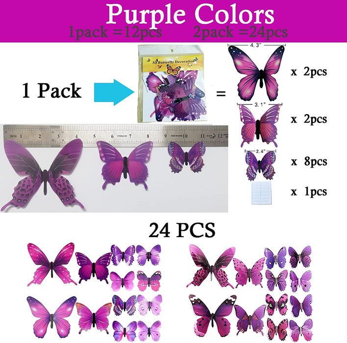 Butterfly Wall Decals 24PCS Room Decor Wall Art 3D Butterflies Mural Sticker Home Decoration Kid Girl Bedroom Bathroom Nursery Classroom Office Party Removable Decorative (Purple)