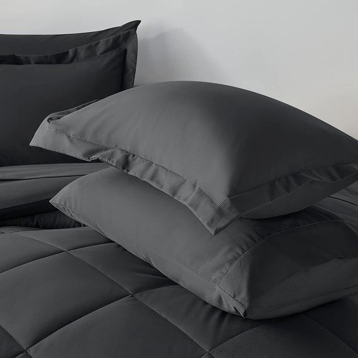Queen Bed in a Bag 7-Pieces Comforter Sets with Comforter and Sheets Dark Grey All Season Bedding Sets with Comforter, Pillow Shams, Flat Sheet, Fitted Sheet and Pillowcases