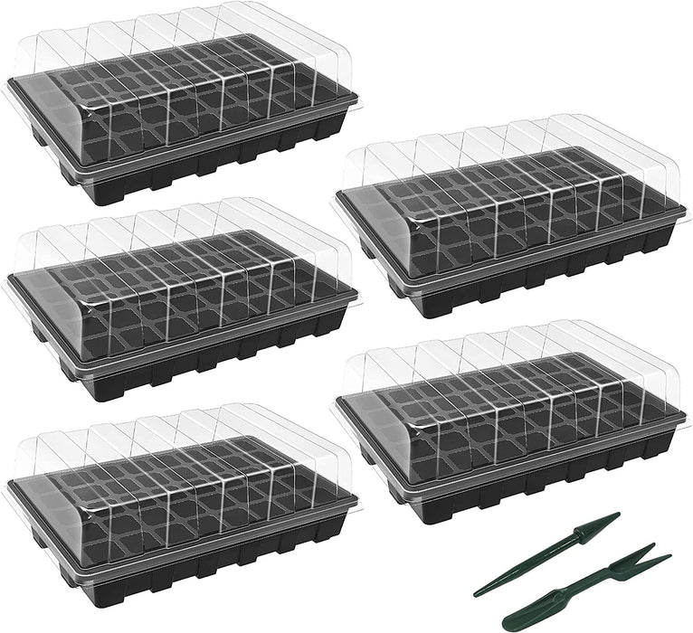Gardzen 5-Set Garden Propagator Set, Seed Tray Kits with 200-Cell, Seed Starter Tray with Dome and Base 15" X 9" (40-Cell per Tray)