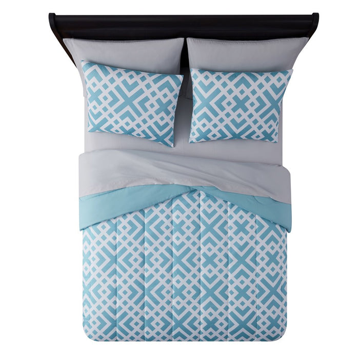 Mainstays Blue Geometric 8 Piece Bed in a Bag Comforter Set with Sheets, King