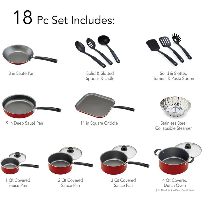 Tramontina Primaware 18 Piece Non-Stick Cookware Set, Red