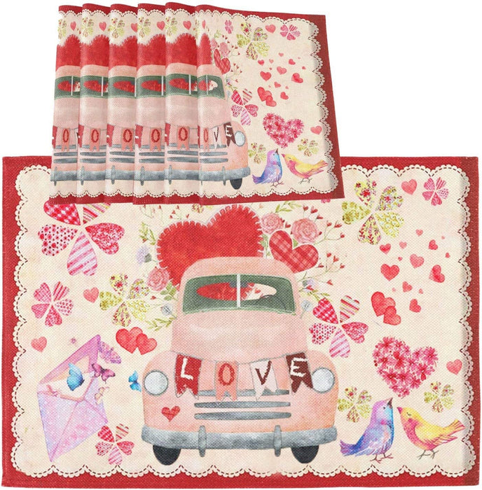 Pfrewn Winter Red Truck Dog Snow Placemats Set of 6 Table Mat Christmas Snowflake Place Mat Double-Sided Print 12" X 18" Dining Home Kitchen Xmas Table Decoration