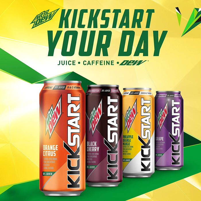 Mountain Dew Kickstart, Orange Citrus, 92Mg Caffeine, Vitamins B & C, 80 Calories, 5% Juice, 16 Fl Oz (12 Count)