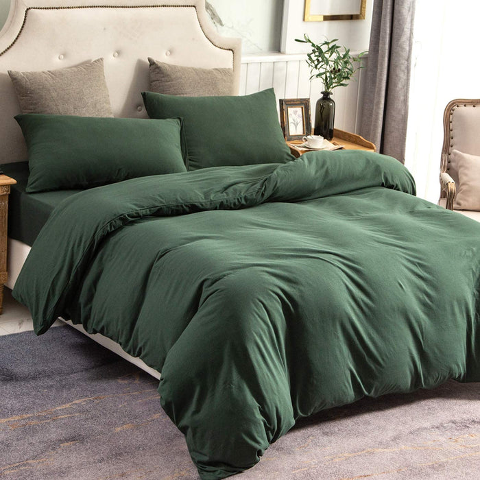 Jersey Knit Duvet Cover Set 100% T-Shirt Cotton Super Soft Comfy 3Pc Bedding Set with Zipper Closure (Solid Forest Green, King)