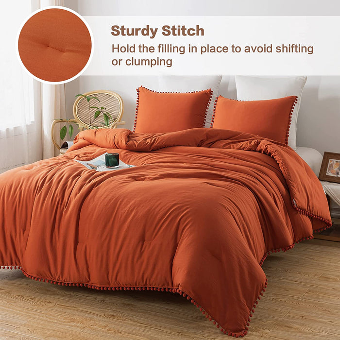 Terracotta Pom Comforter Full(79X90 Inch), 3 Pieces (1 Comforter, 2 Pillowcases) Luxurious Ball Pom Fringe Design Comforter Set, Soft Microfiber down Alternative Bedding Set