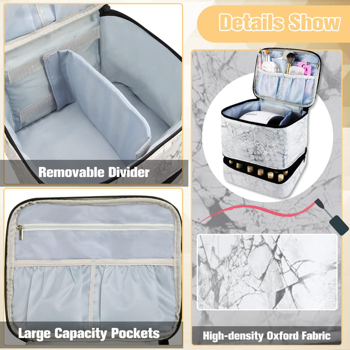 Nail Polish Organizer and Nail Dryer Case, Double-Layer Nail Polish Storage Holds 30 Bottles (15Ml/0.5 Fl.Oz) and 1 Led Nail Lamp, Travel Carrying Case for Nail Polish Kit Set (Marbling-White)