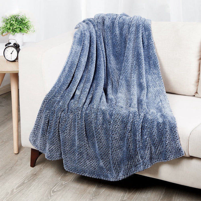 Melange Waffle Texture with Velvet Plush Fleece Dual Layer Reversible Throw Blanket, 50" X 60", Navy and Blue