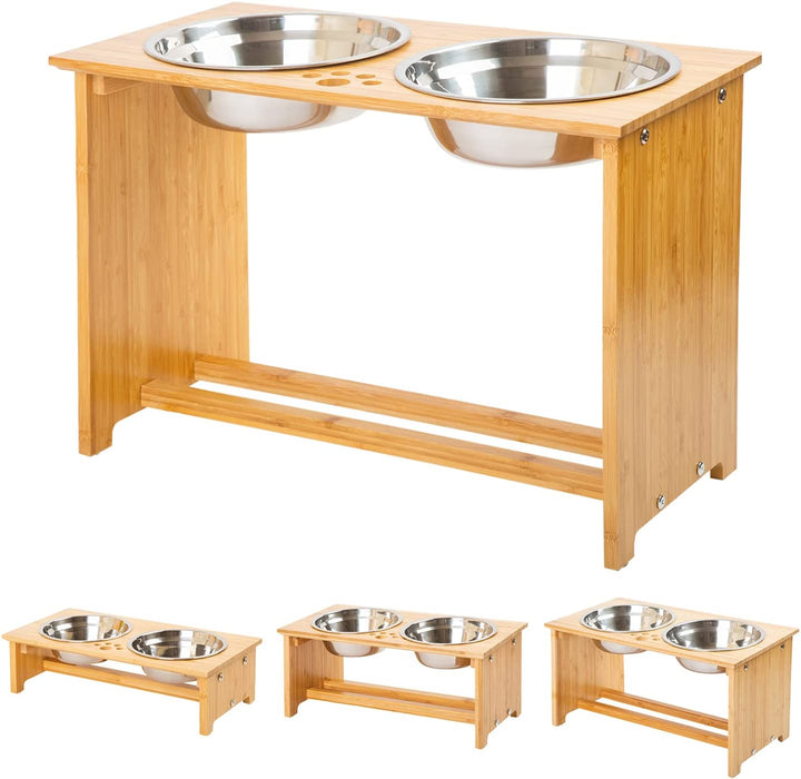 Raised Pet Bowls for Small and Medium Dogs, Bamboo Elevated Dog Cat Food and Water Bowls Stand Feeder with 2 Stainless Steel Bowls and anti Slip Feet (New 7'' Tall)