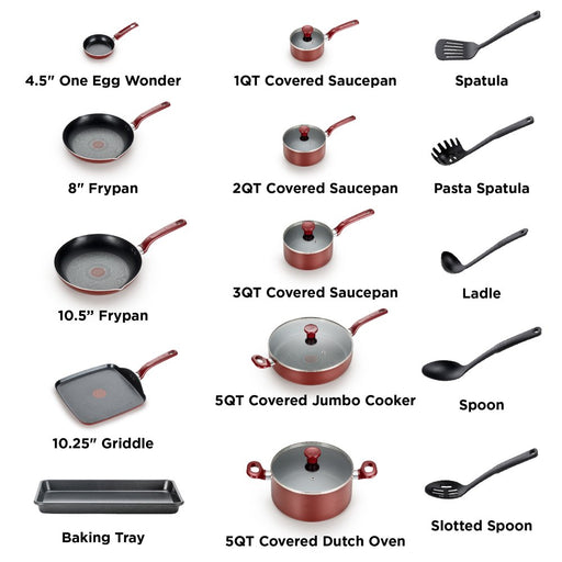 T-Fal Easy Care Nonstick Cookware, 20 Piece Set, Red, Dishwasher Safe