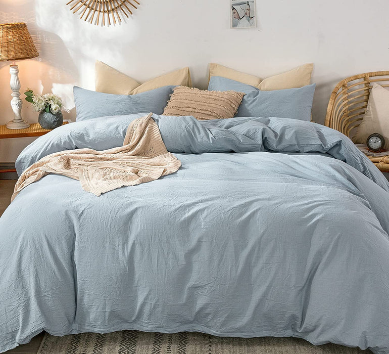 Bedding Duvet Cover Set 100% Washed Cotton Linen like Textured Breathable Durable Soft Comfy (Cornflower Blue, Queen)